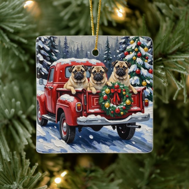 Pug Christmas Red Truck Holiday Julgransprydnad Keramik (Träd)