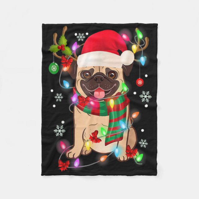 Pug Christmas Tree Lights Santa Dog Xmas Boys Pugm Fleecefilt (Framsidan)