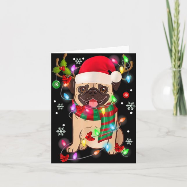 Pug Christmas Tree Lights Santa Dog Xmas Boys Pugm Kort (Framsida)