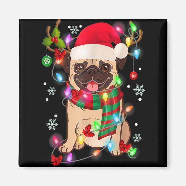 Pug Christmas Tree Lights Santa Dog Xmas Boys Pugm Magnet (Framsidan)