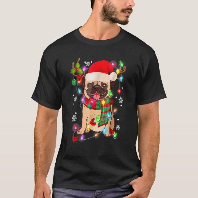 Pug Christmas Tree Lights Santa Dog Xmas Boys Pugm T Shirt (Framsida)
