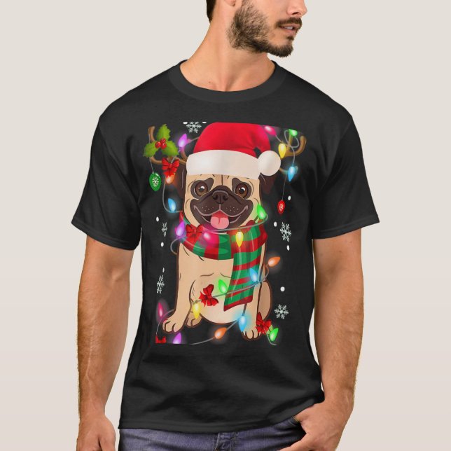 Pug Christmas Tree Lights Santa Dog Xmas Boys Pugm T Shirt (Framsida)