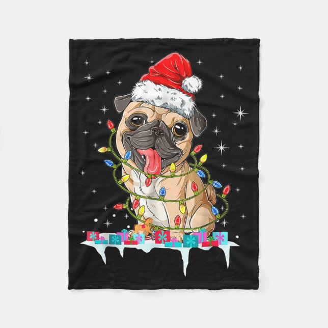 Pug Christmas Tree Lights Santa Dog Xmas  Fleecefilt (Framsidan)