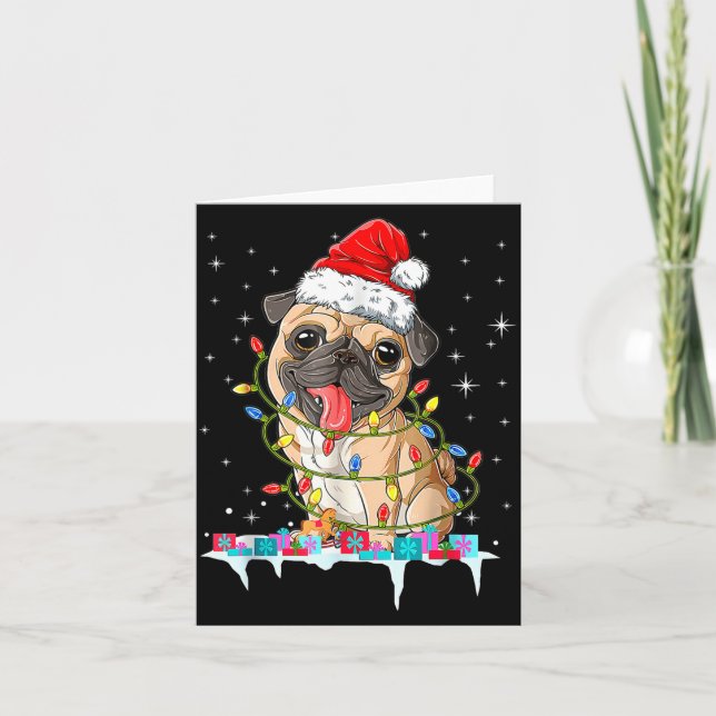 Pug Christmas Tree Lights Santa Dog Xmas  Kort (Framsida)