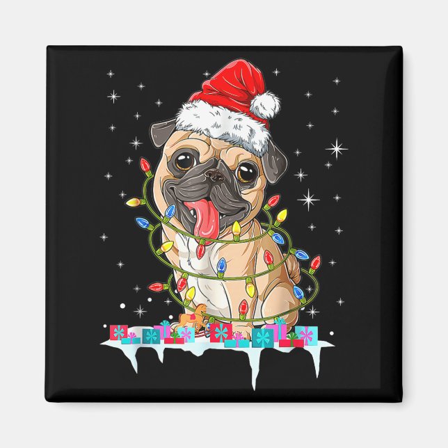 Pug Christmas Tree Lights Santa Dog Xmas  Magnet (Framsidan)