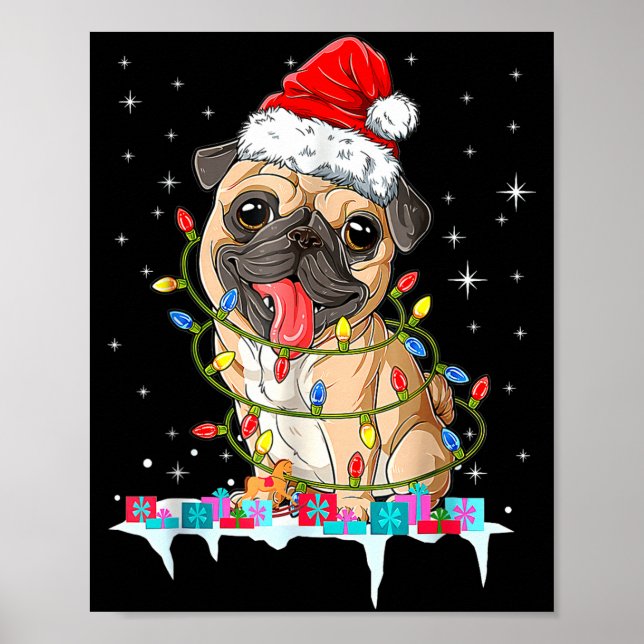Pug Christmas Tree Lights Santa Dog Xmas  Poster (Framsidan)