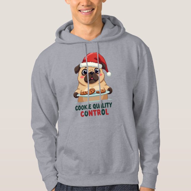 Pug Cookie Quality Control Funny Christmas Hoodie (Framsida)