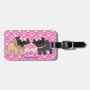 Pug Cuties Rosa Rand och Tassar - Anpassa Bagagebricka