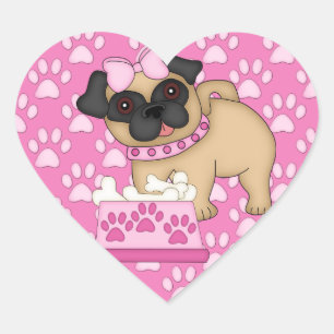 Pug Cuties Rosa Rand och Tassar Hjärtformat Klistermärke