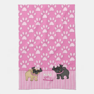 Pug Cuties Rosa Rand och Tassar Kökshandduk