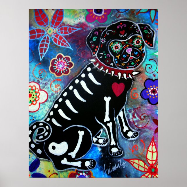 Pug Dia de los Muertos Hund älskare Poster (Framsidan)
