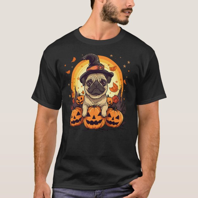 Pug Dog Breed Pet Halloween Pumpkins T Shirt (Framsida)