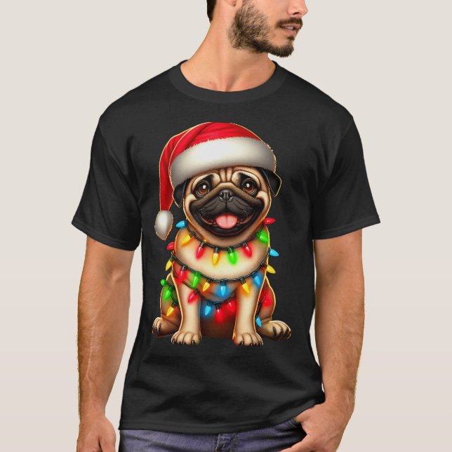 Pug Dog Christmas Tree Lights Santa Xmas Pajama Do T Shirt (Framsida)