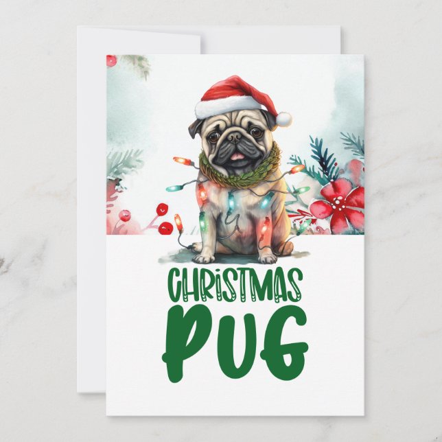 Pug Dog  Christmas with Santa Hat Julkort (Framsida)