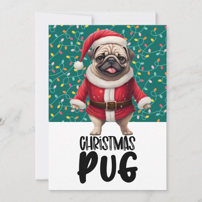 Pug Dog  Christmas with Santa Hat Julkort (Framsida)