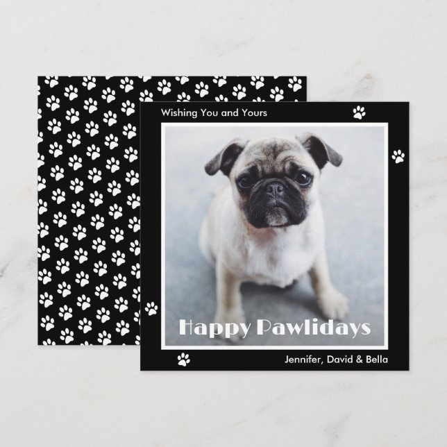 Pug Dog Paw Prints Pet Photo Black Holiday Card Julkort (Fram/baksida)