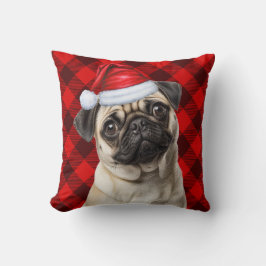 Pug Dog Red Buffalo Plaid Christmas Holiday Kudde