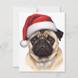 Pug Dog Santa Hat Merry Christmas Art Julkort