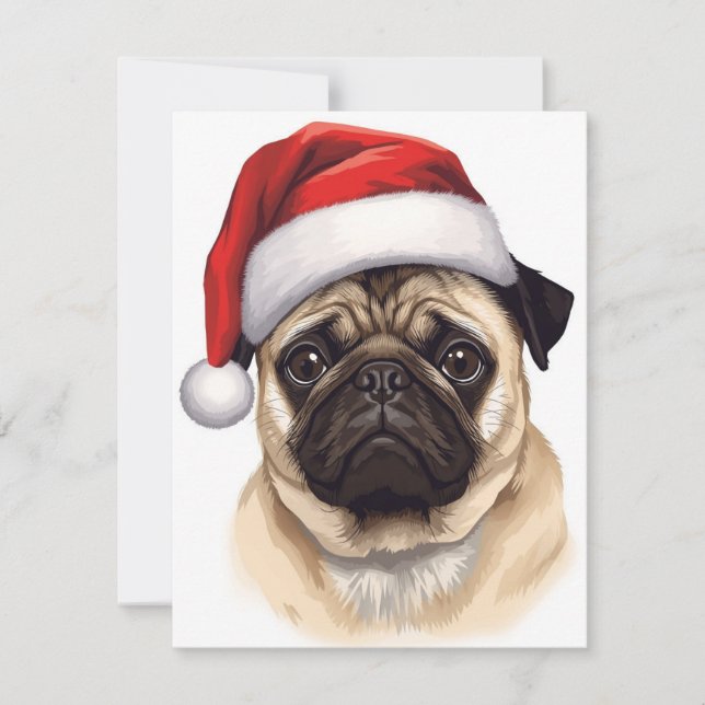 Pug Dog Santa Hat Merry Christmas Art Julkort (Framsida)
