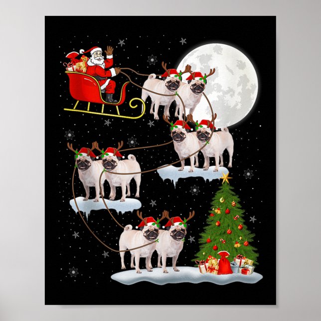 Pug Dogs Santa Sleigh Flying Funny Magical Christm Poster (Framsidan)
