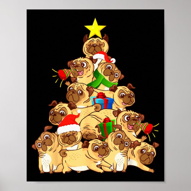 Pug Dogs Tree Christmas Sweater Xmas Pet Animal Do Poster (Framsidan)