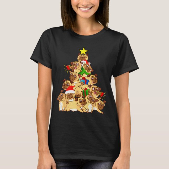 Pug Dogs Tree Christmas Sweater Xmas Pet Animal Do T Shirt (Framsida)