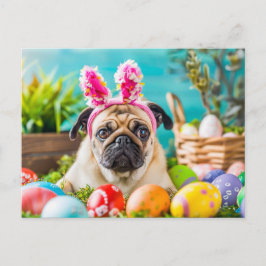 Pug Dressed as Easter Bunny with Eggs Vykort