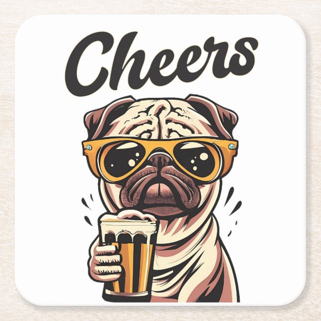 Pug Drinking Beer-nummer Underlägg Papper Kvadrat (Framsidan)