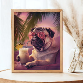Pug Drinking Cocktail Summer Pet Porträtt Poster