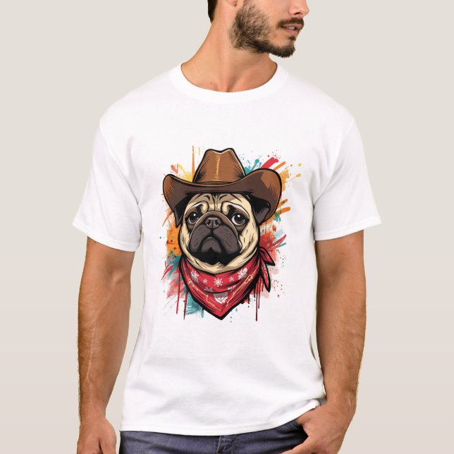 Pug face Cute Western cowboy hat & bandana T Shirt (Framsida)