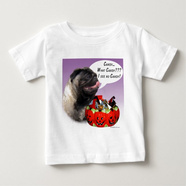 Pug (fawn) Halloween Candy T Shirt (Framsida)