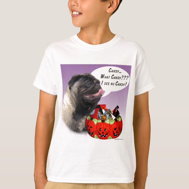 Pug (fawn) Halloween Candy Tee Shirt (Framsida)