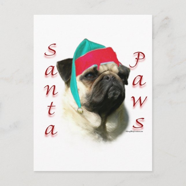 Pug (fawn) Santa Tassar Helg Vykort (Framsida)
