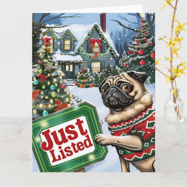Pug Festive Humor Realtor-jul Kort (Gul blomma)