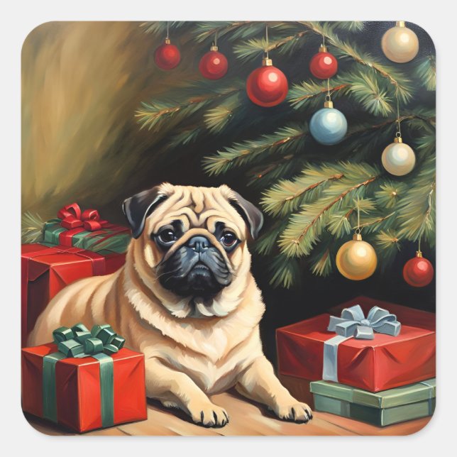 Pug firar jul fyrkantigt klistermärke (Framsida)