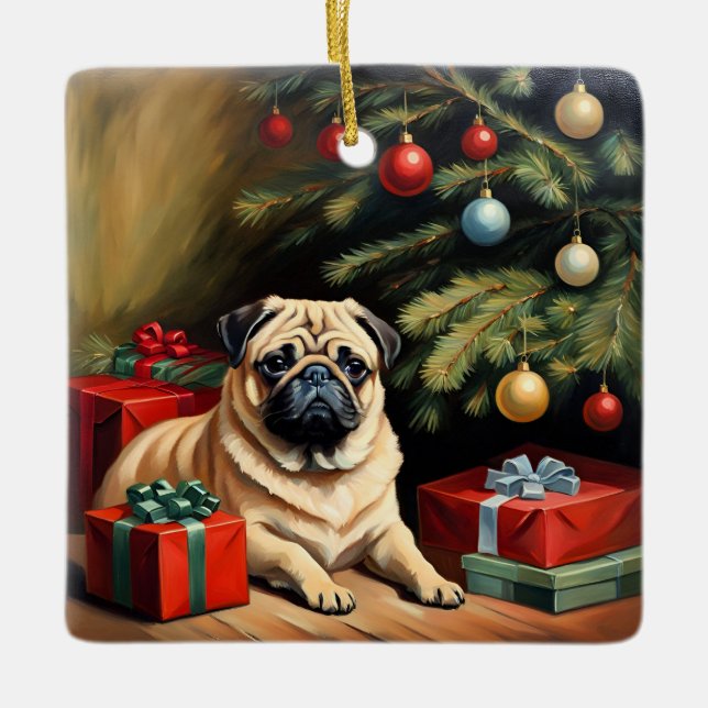 Pug firar jul julgransprydnad keramik (Framsida)