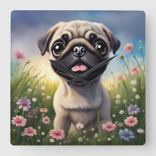Pug Flowers Fyrkantig Klocka