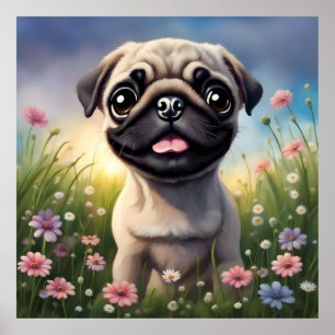 Pug Flowers Poster
