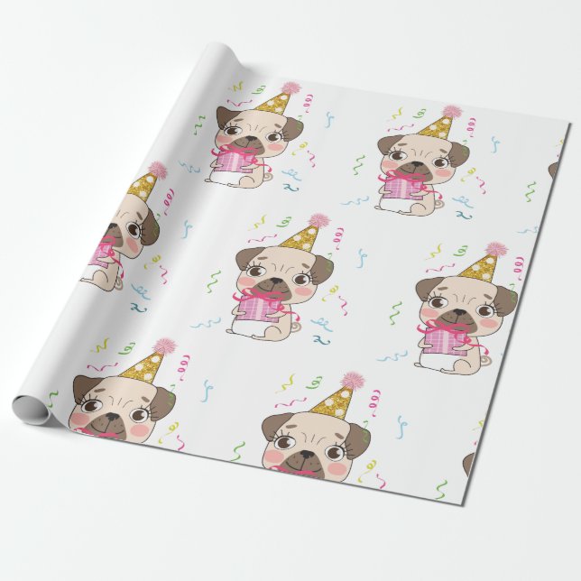 Pug födelsedagskurs Cute Hund Mönster Presentpapper (Utrullad)