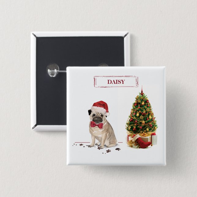 Pug Funny jul Hund med Träd Knapp (Framsida & baksida)