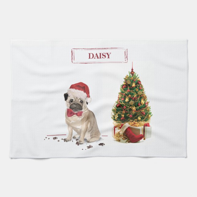 Pug Funny jul Hund med Träd Kökshandduk (Horisontell)