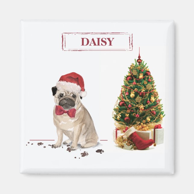 Pug Funny jul Hund med Träd Magnet (Framsidan)