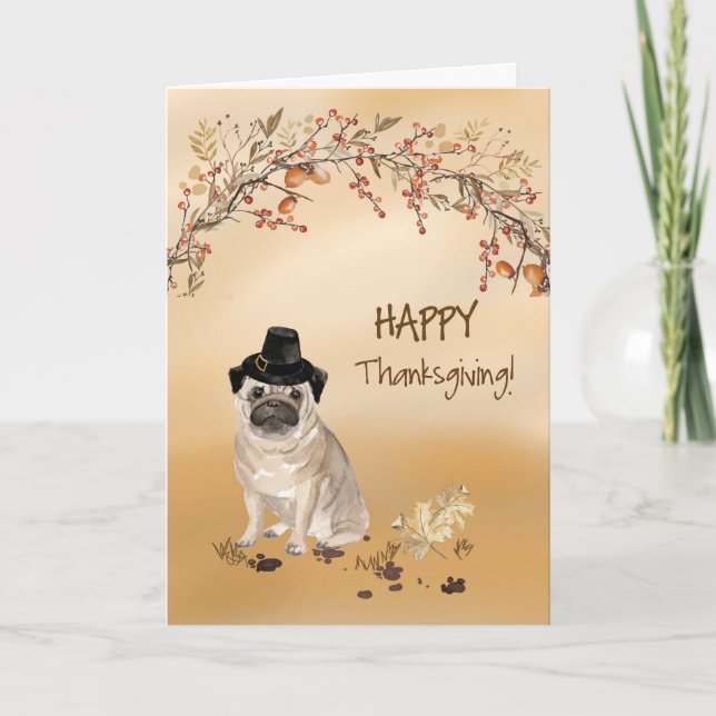 Pug Funny Pilgrim Hat Thanksgiving Kort (Framsida)