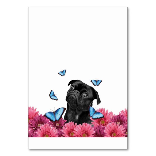 Pug Gerbera Butterflies | Cute Black Hund Bordsnummer (Framsidan)
