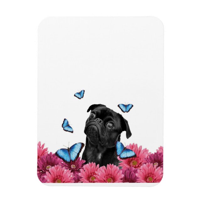 Pug Gerbera Butterflies | Cute Black Hund Magnet (Vertikal)