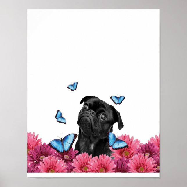 Pug Gerbera Butterflies | Cute Black Hund Poster (Framsidan)