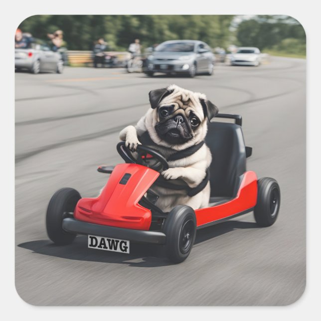 Pug go-kart-tävla fyrkantigt klistermärke (Framsida)