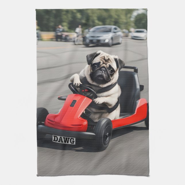 Pug go-kart-tävla kökshandduk (Vertikal)