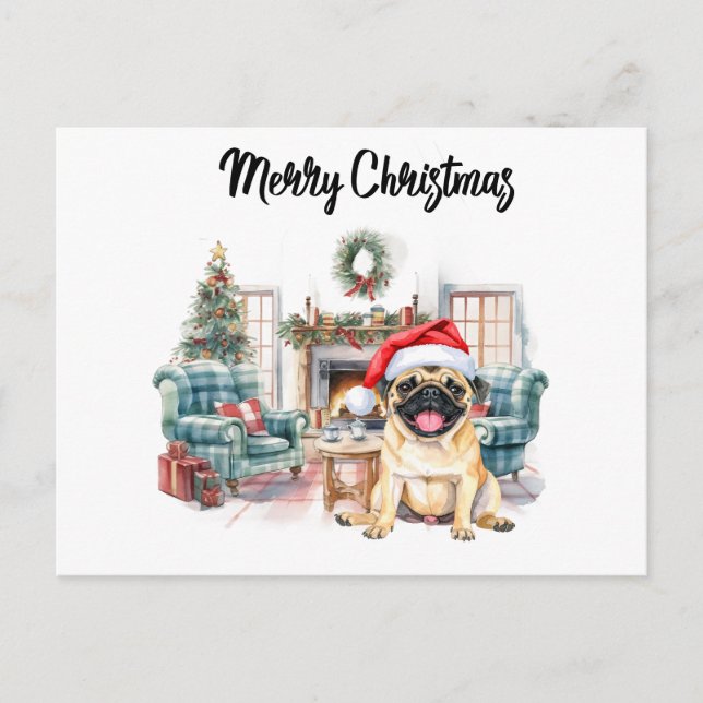 Pug God Jul akvarell Vykort (Framsida)