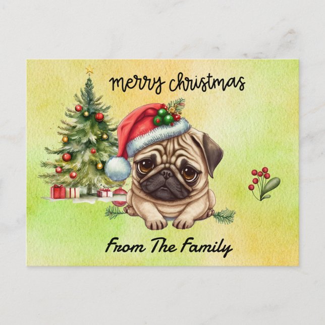 Pug God jul, vattenfärg Vykort (Framsida)